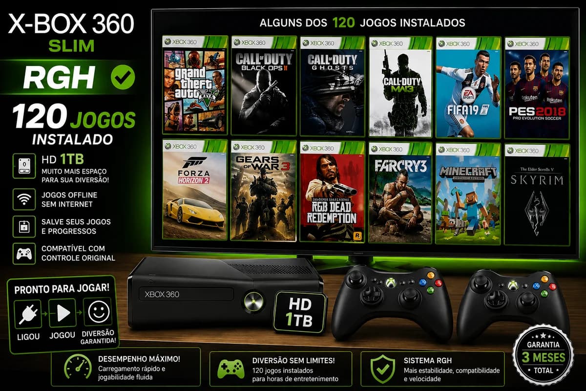 X-BOX 360 Desbloqueado no RGH + Com 120 Jogos