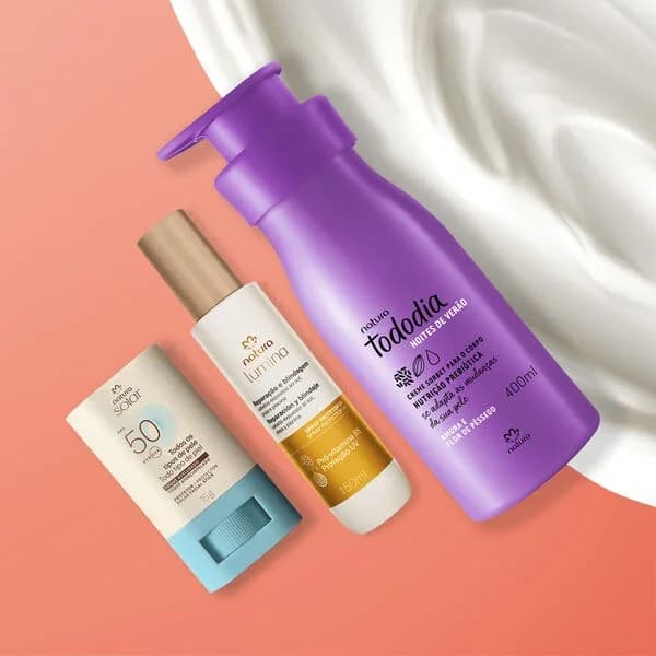 Kit Verão Creme Corporal | 1 creme sorbet desodorante nutritivo para o corpo Tododia Amora e Flor de Pêssego 400 ml | 1 spray protetor UV Lumina para reparação e blindagem 150 ml | 1 protetor solar facial Stick FPS 50 Natura Solar 15 g